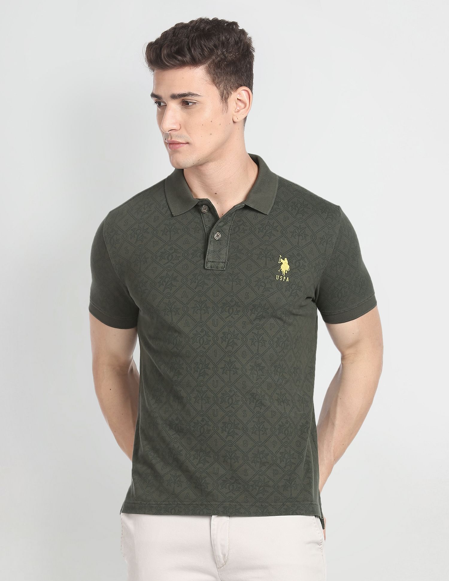 Floral Print Cotton Polo Shirt Olive - U.S. POLO ASSN. | Large