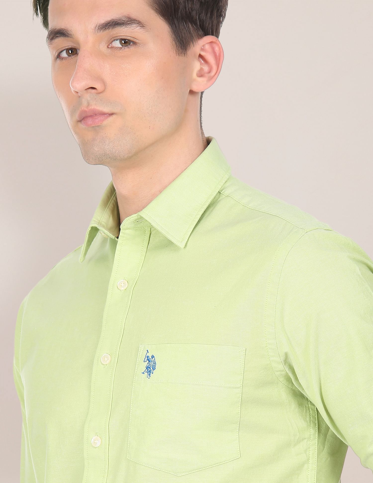 Spread Collar Solid Casual Shirt Light Green - U.S. Polo Assn. India | Large