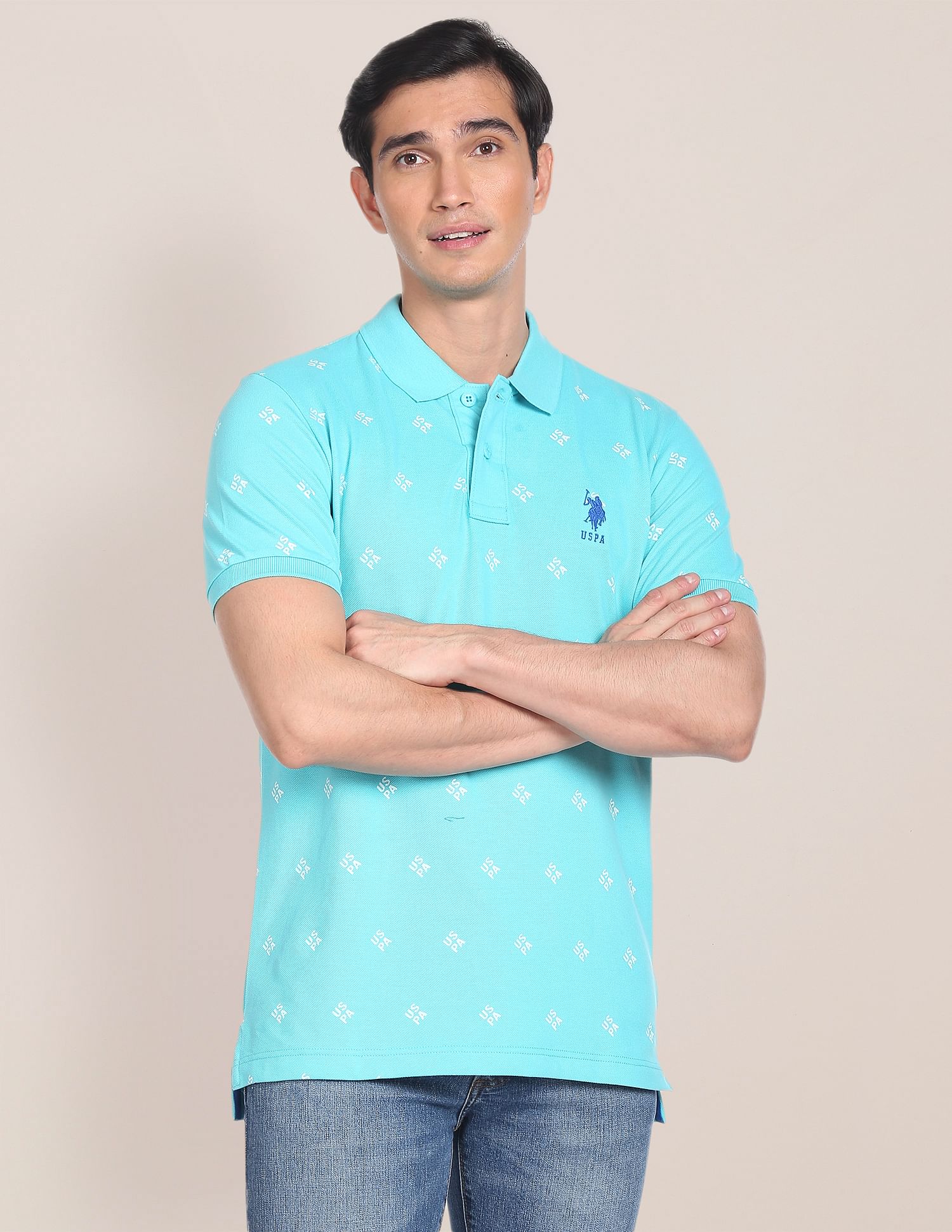 Geometric Brand Print Polo Shirt Light Blue - U.S. Polo Assn. India | Large