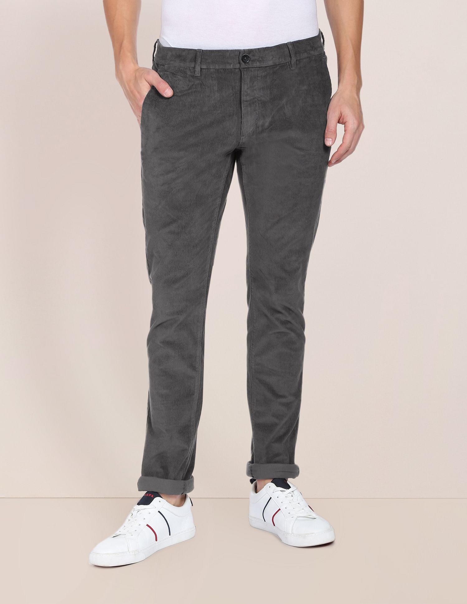 Men Dark Grey Corduroy Weave Denver Slim Fit Casual Trousers Dark Grey - U.S. Polo Assn. India | Large