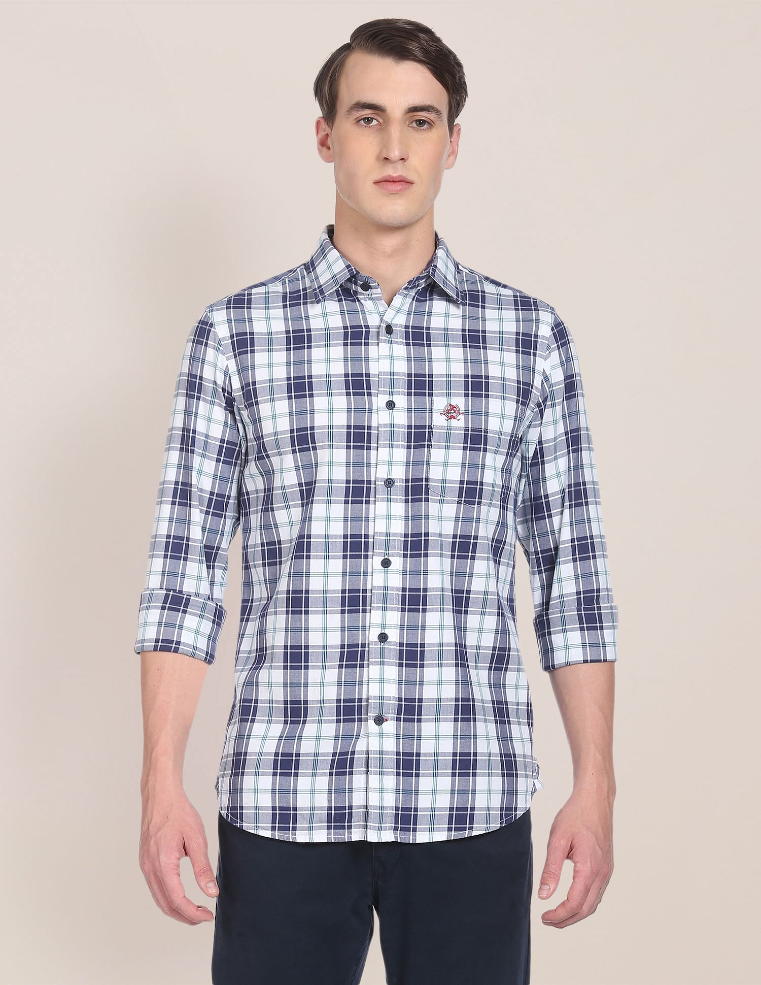 Twill Weave Plaid Check Casual Shirt White and Navy - U.S. POLO ASSN. | Large