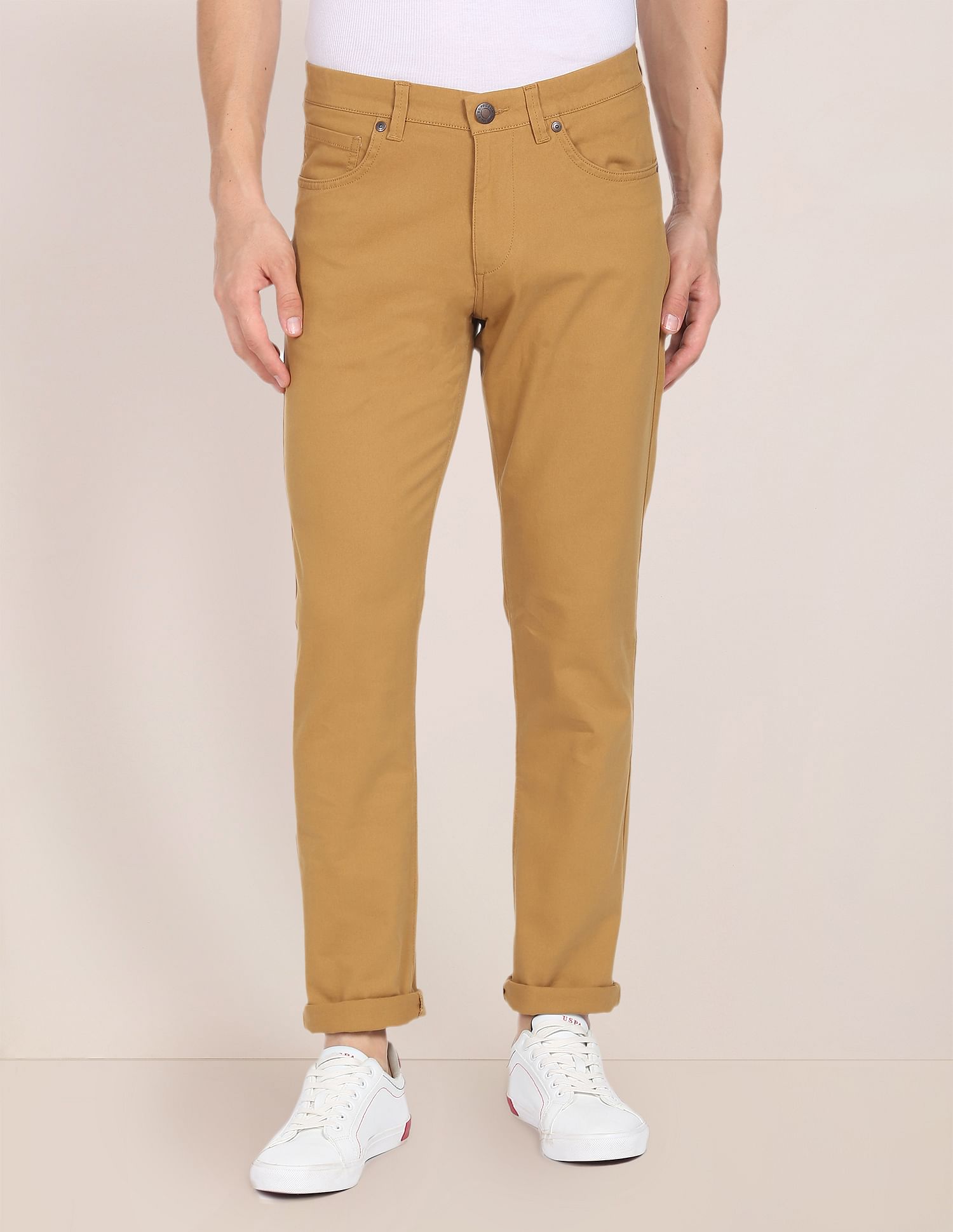 Solid Twill Casual Trousers Khaki - U.S. Polo Assn. India | Large