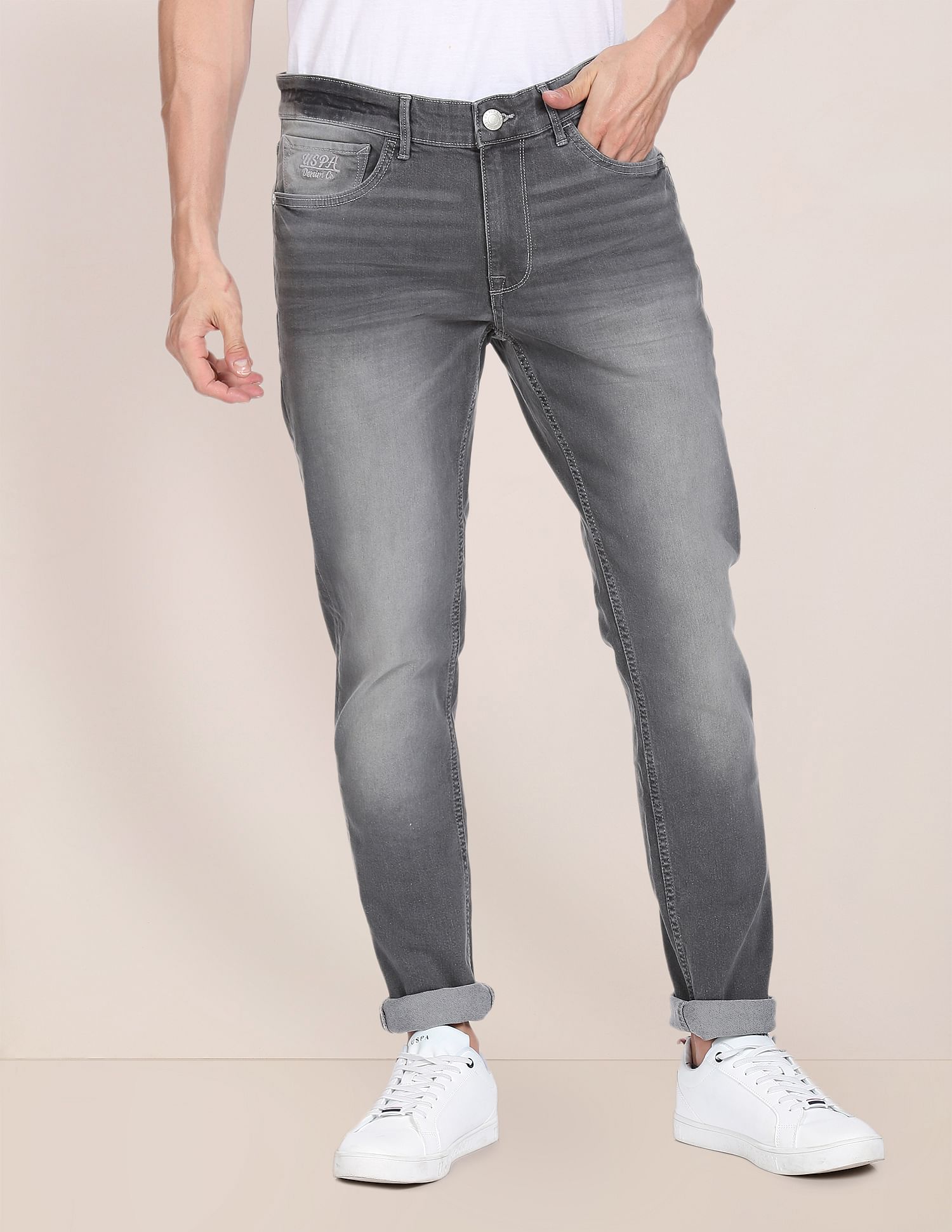 Men Grey Brandon Slim Tapered Fit Stone Wash Jeans Grey - U.S. POLO ASSN. | Large