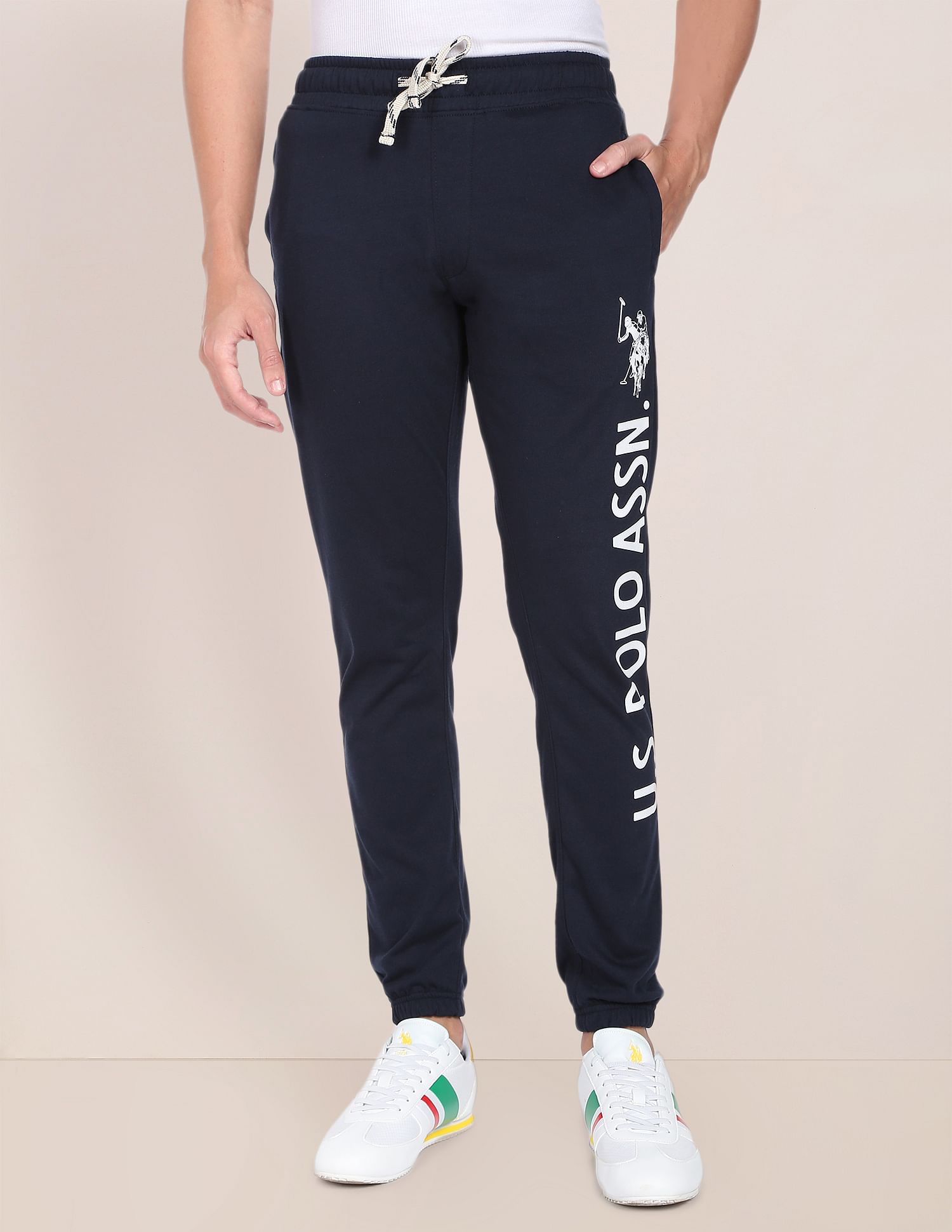 Men Black Drawstring Waist Brand Print Joggers Navy - U.S. Polo Assn. India | Large