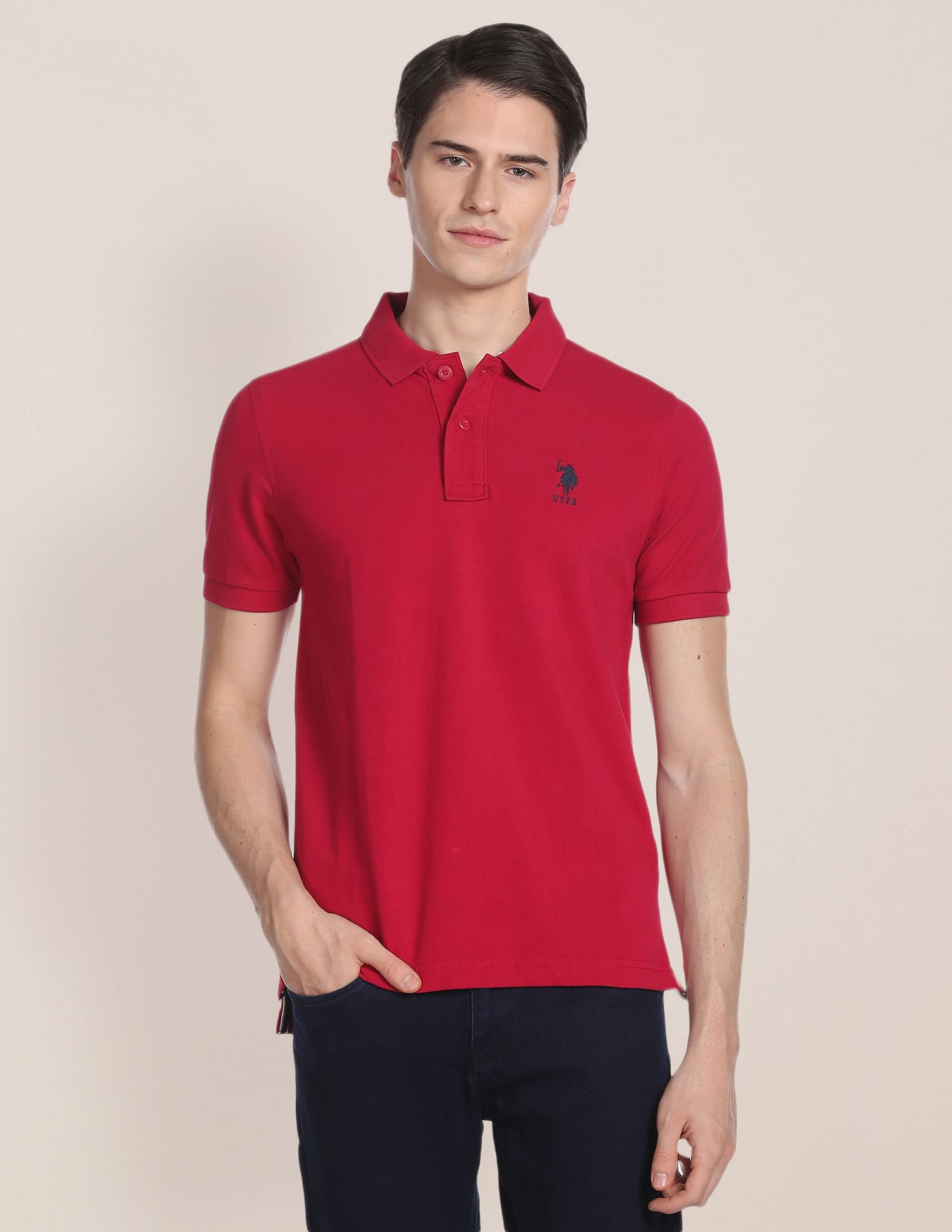 Ribbed Collar Solid Polo Shirt Dark Red - U.S. POLO ASSN. | Large