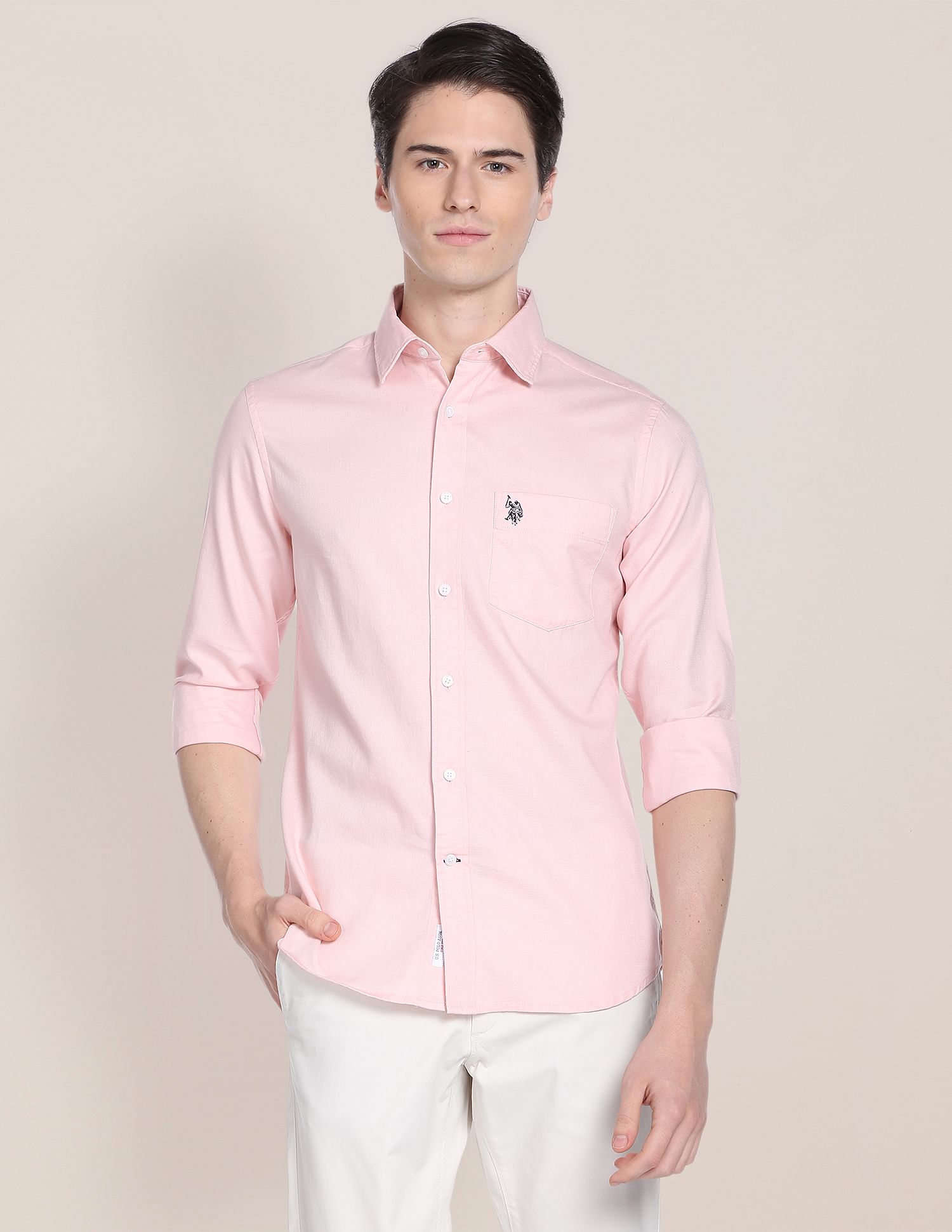 Birdseye Dobby Textured Solid Shirt Light Pink - U.S. Polo Assn. India | Large