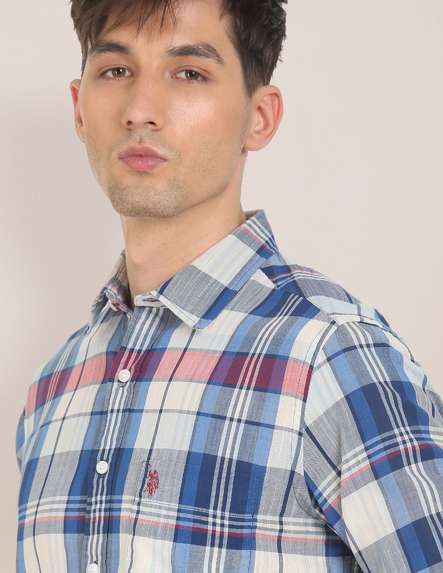 Men Blue Spread Collar Check Casual Shirt Blue - U.S. POLO ASSN. | Large