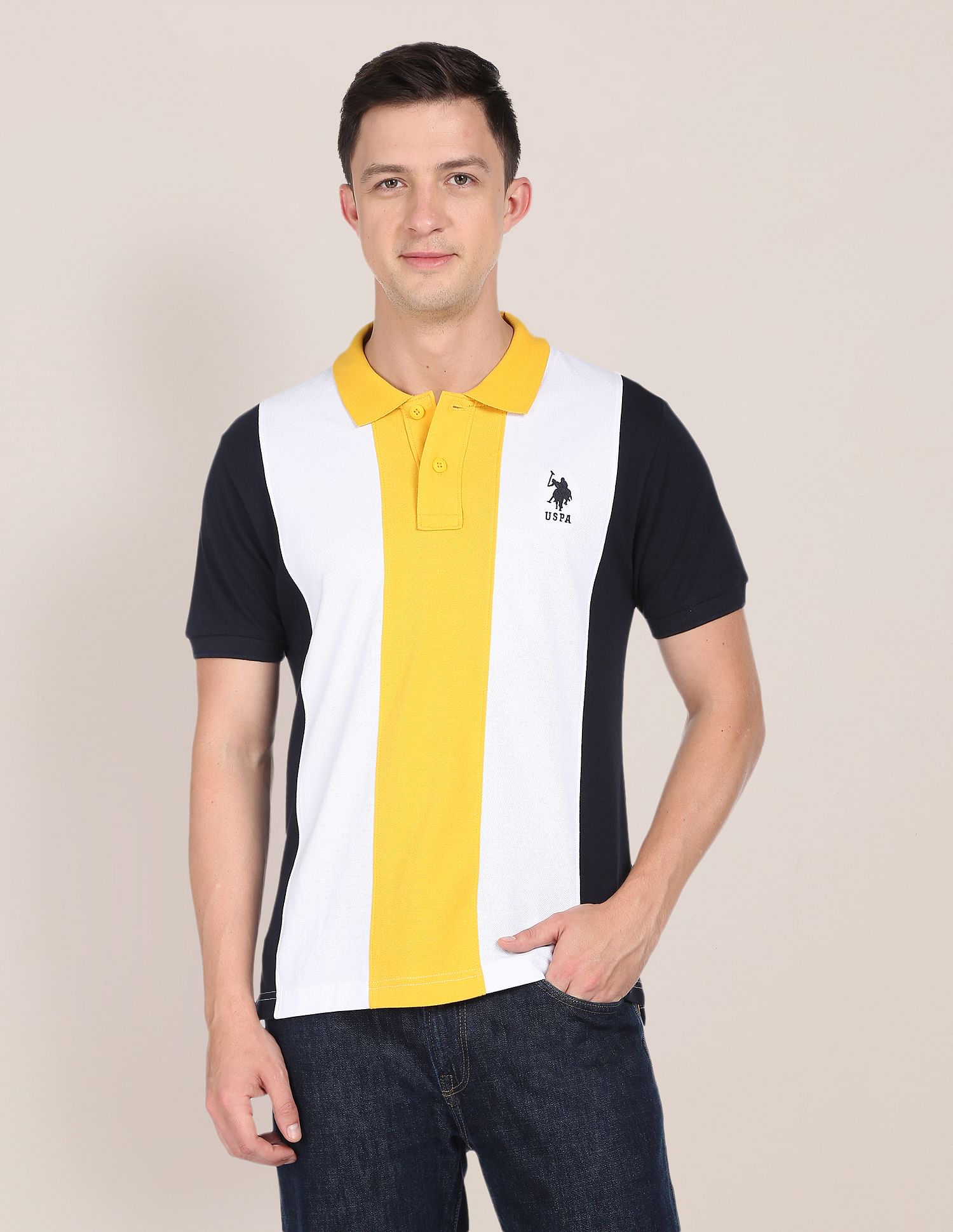 Men Yellow And White Colour Block Cotton Polo Shirt Yellow and White - U.S. Polo Assn. India | Large