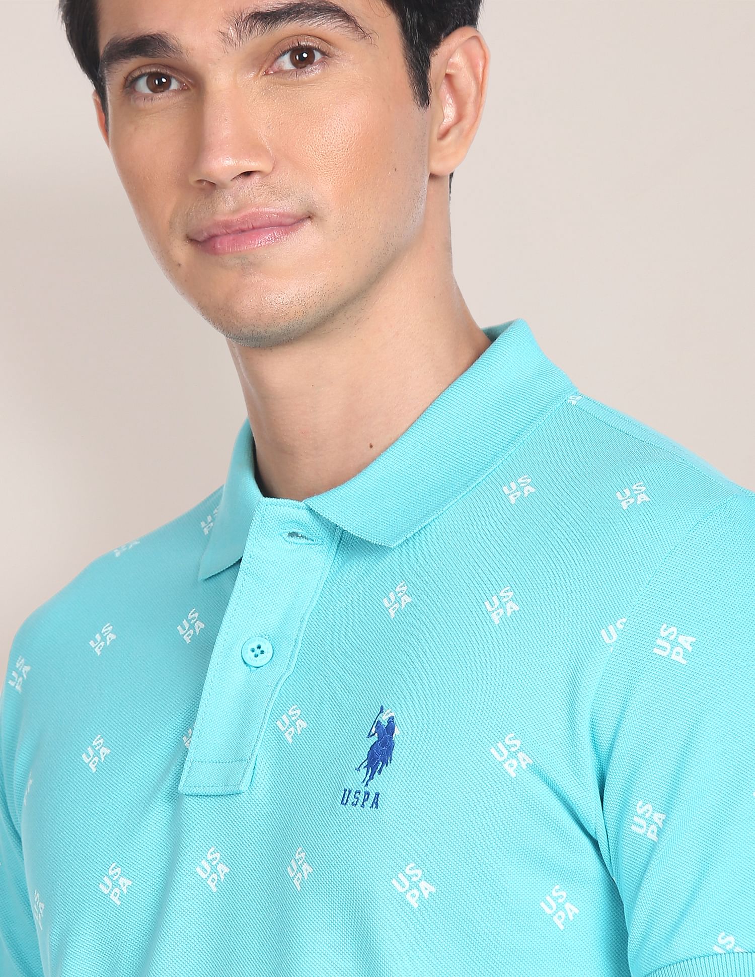 Geometric Brand Print Polo Shirt Light Blue - U.S. Polo Assn. India | Large