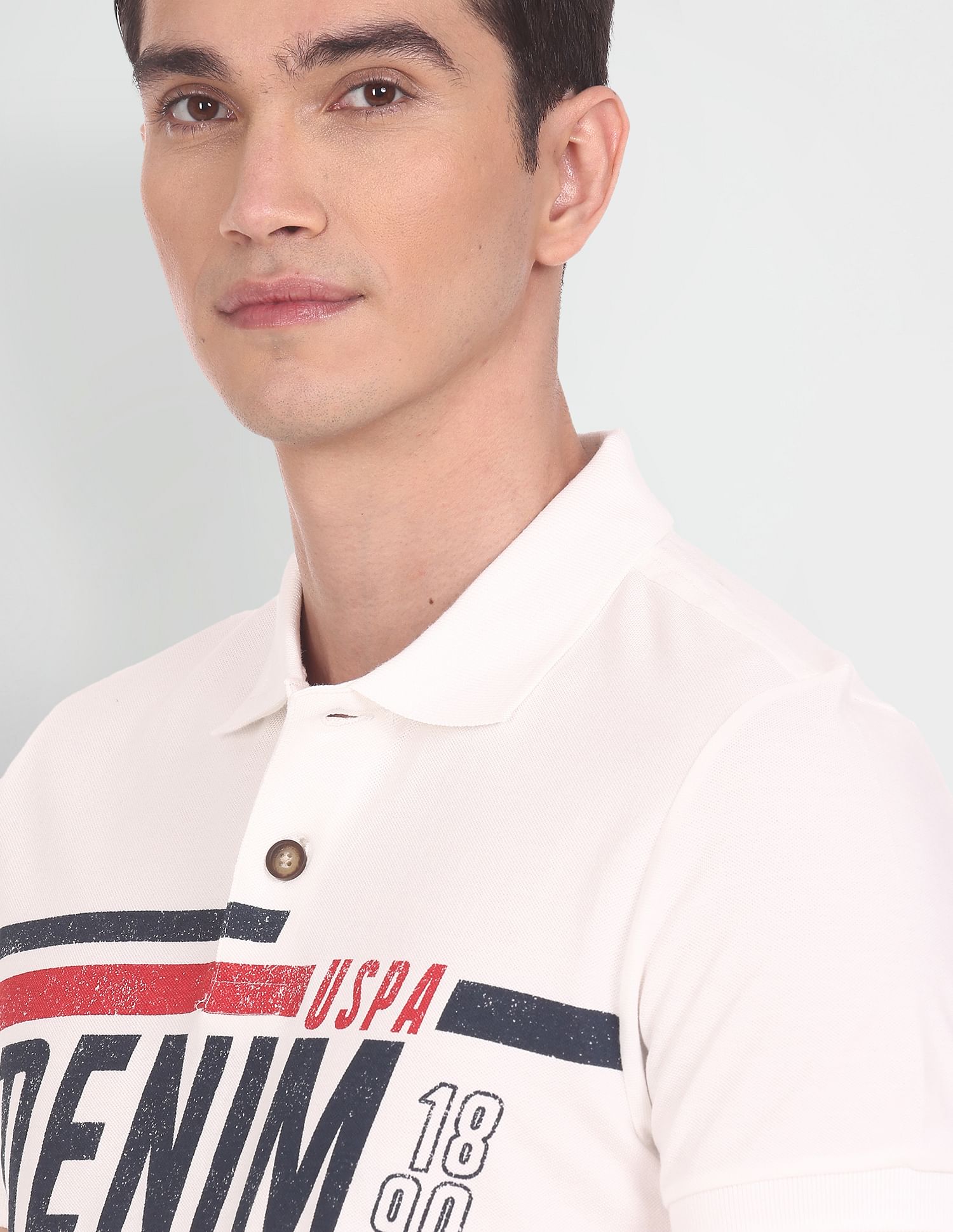 Typographic Print Cotton Polo Shirt Off White - U.S. POLO ASSN. | Large