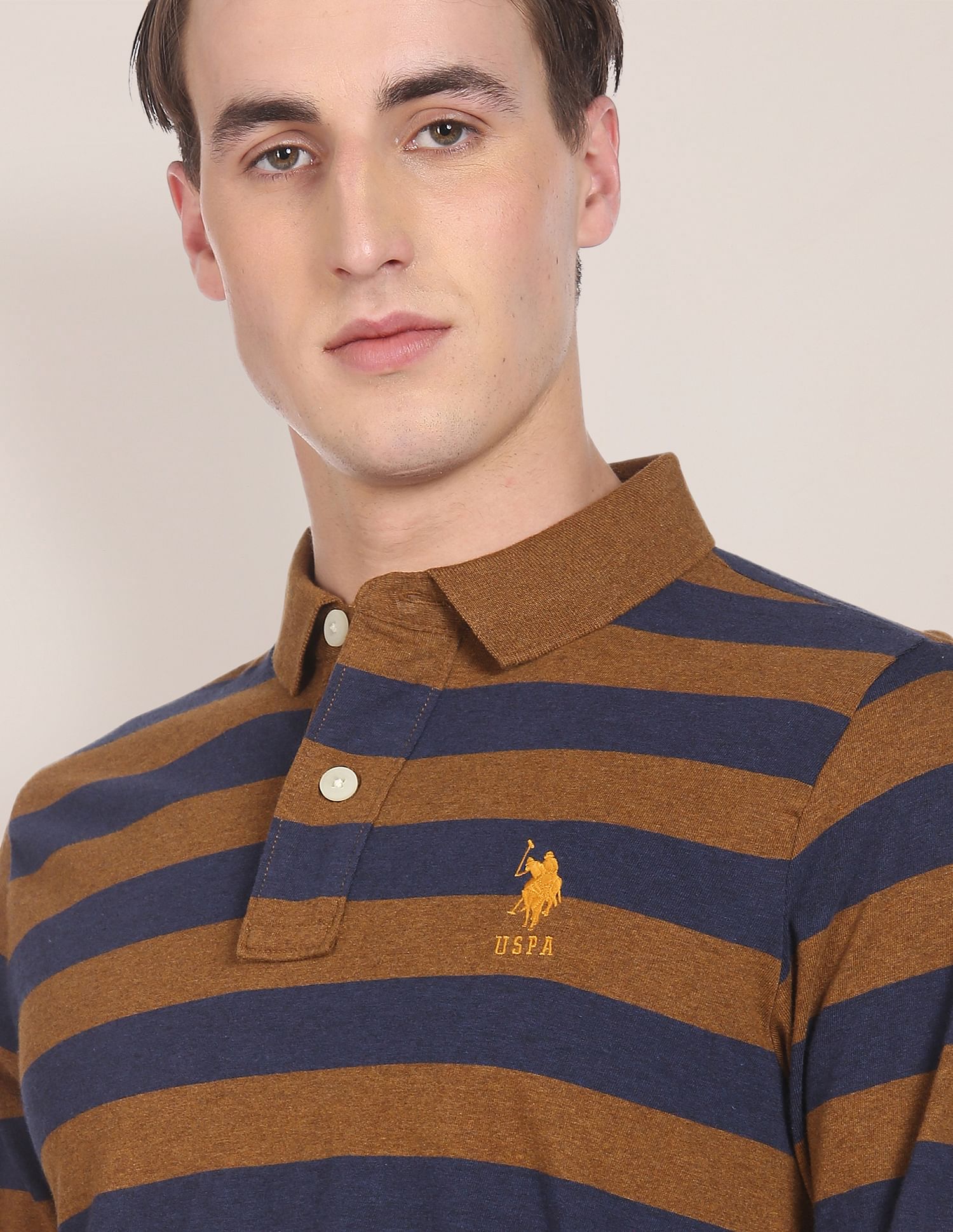 Long Sleeve Horizontal Stripe Polo Shirt Ochre and Navy - U.S. Polo Assn. India | Large