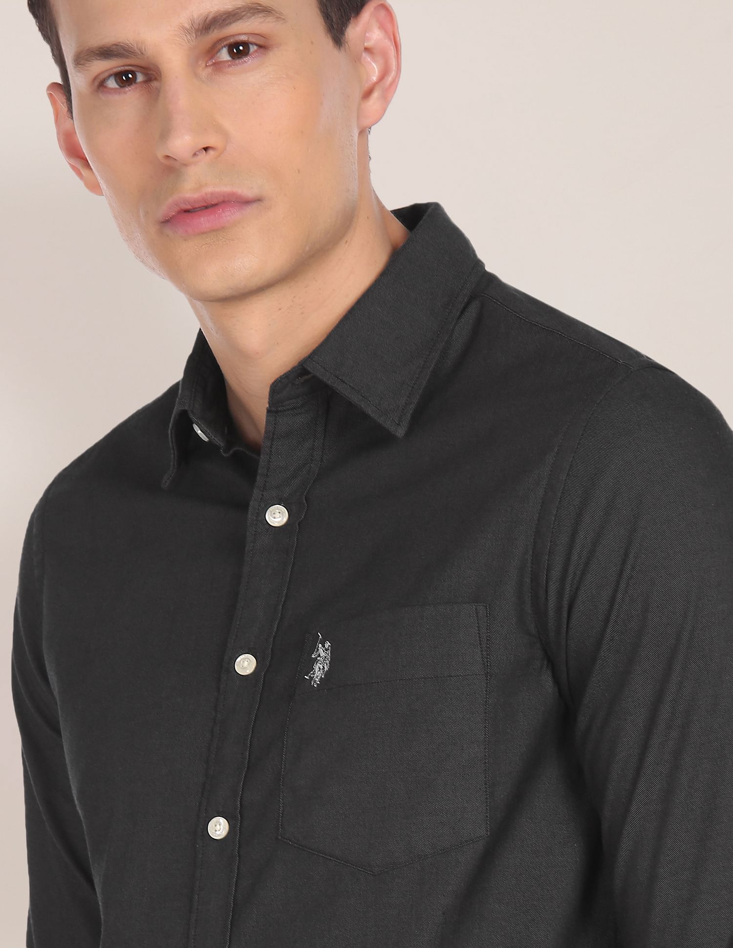 Men Aqua Spread Collar Solid Casual Shirt Grey - U.S. POLO ASSN. | Large