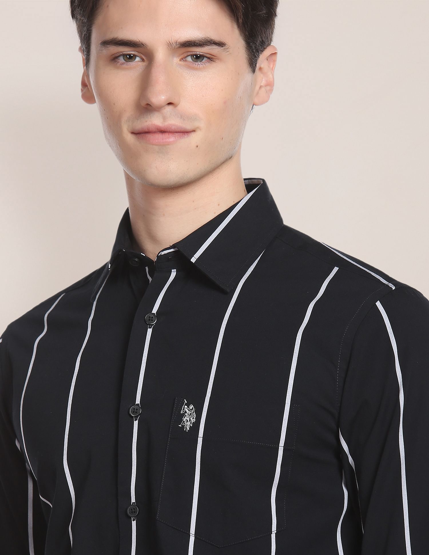 Iconic Peached Stripe Shirt Black - U.S. Polo Assn. India | Large