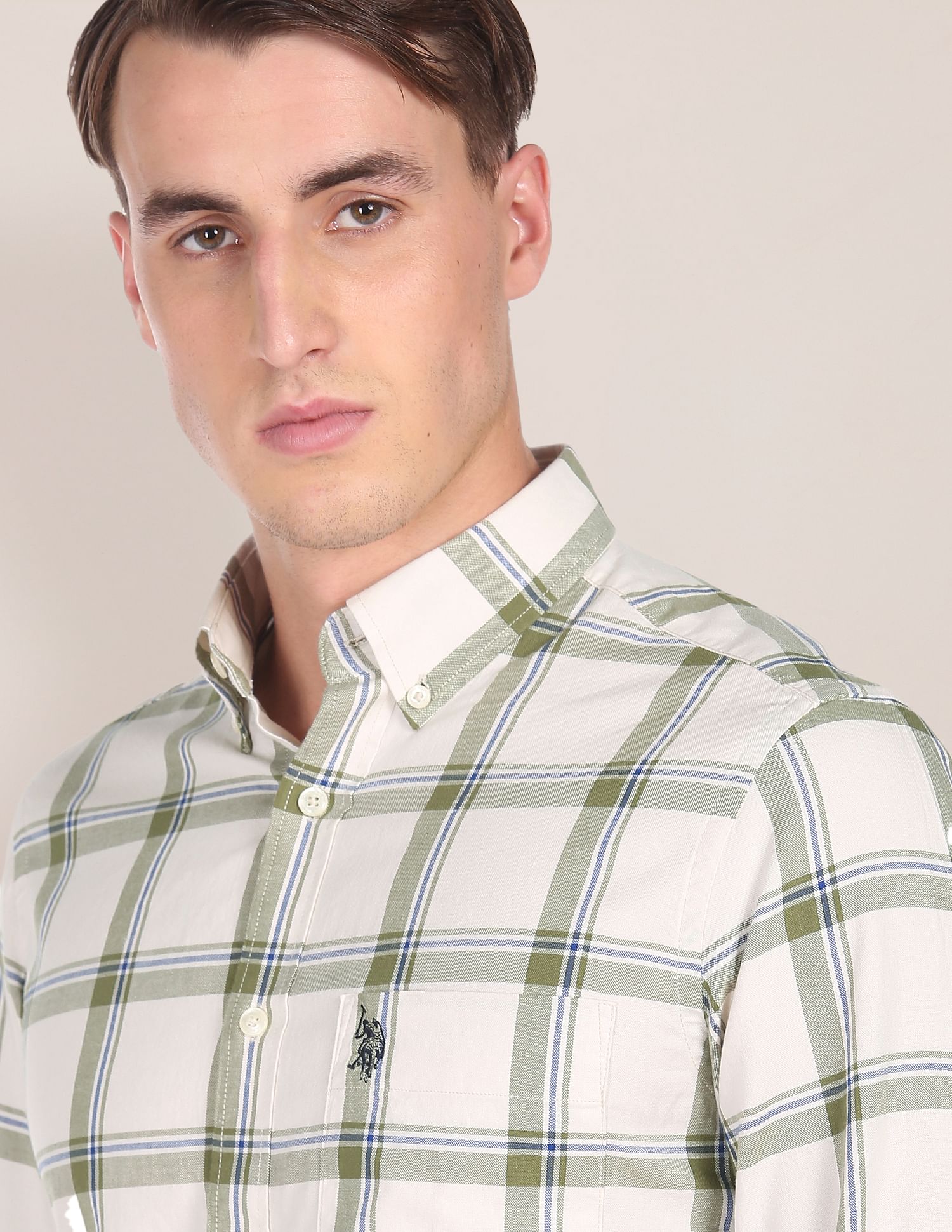 Men White and Green Cotton Plaid Check Casual Shirt White and Green - U.S. Polo Assn. India | Large