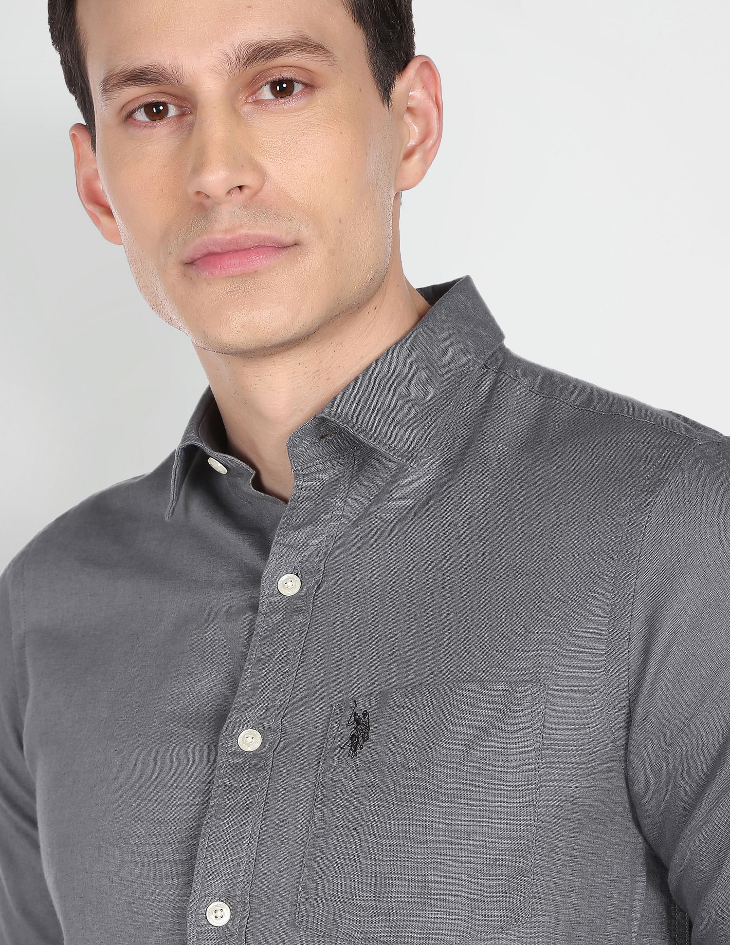 Spread Collar Solid Casual Shirt Grey - U.S. POLO ASSN. | Large