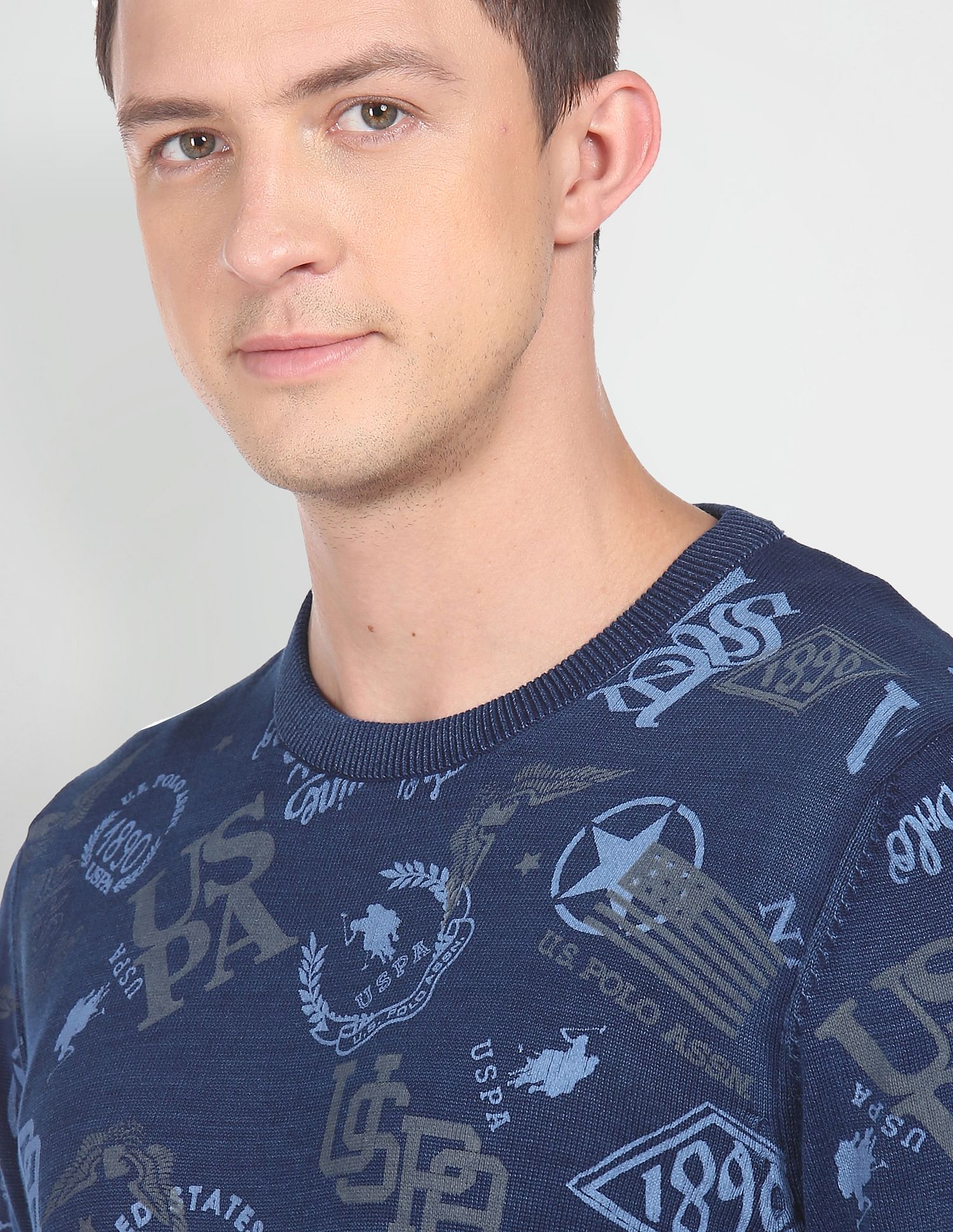 Heathered Brand Print Cotton Sweater Dark Blue - U.S. POLO ASSN. | Large