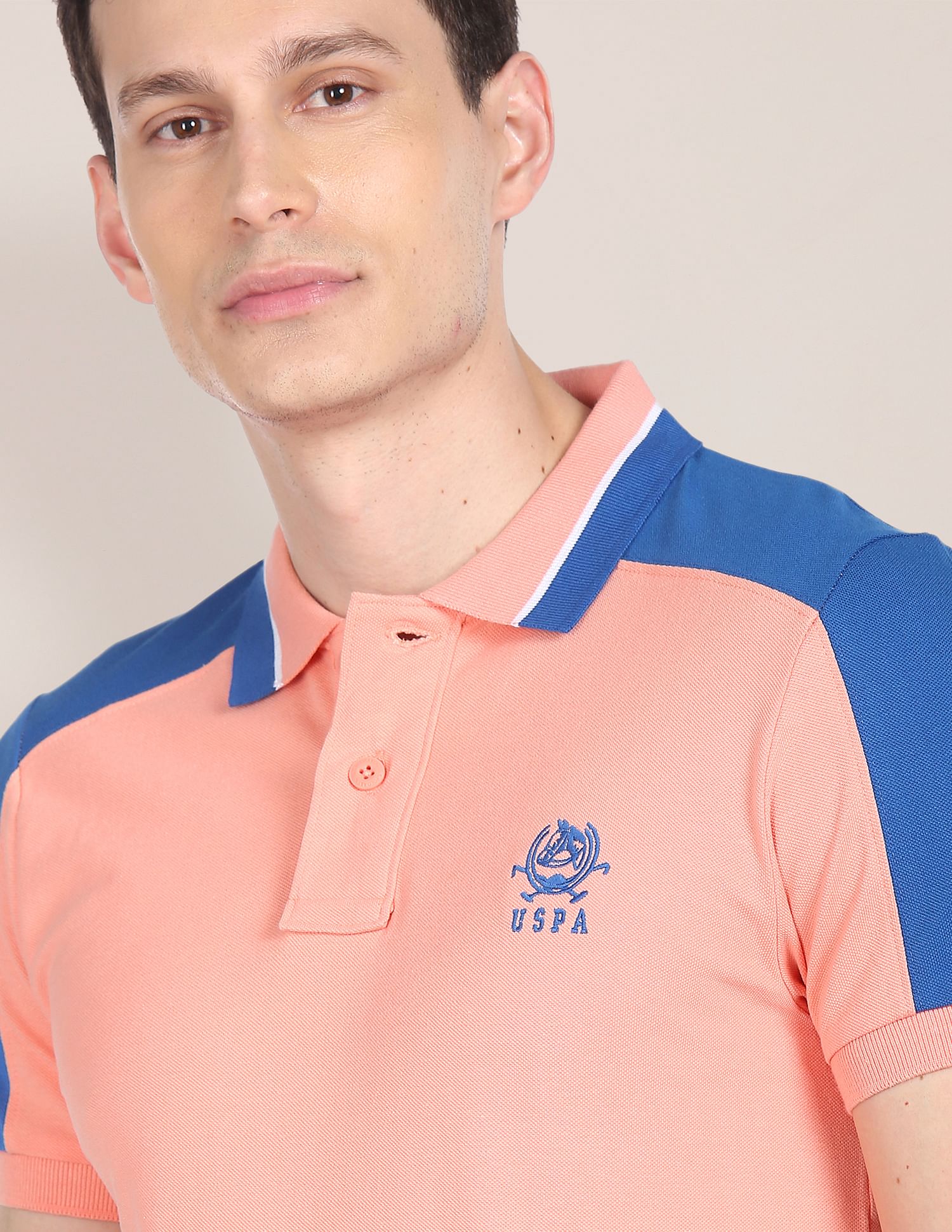 Colour Block Cotton Pique Polo Shirt Peach and Blue - U.S. POLO ASSN. | Large