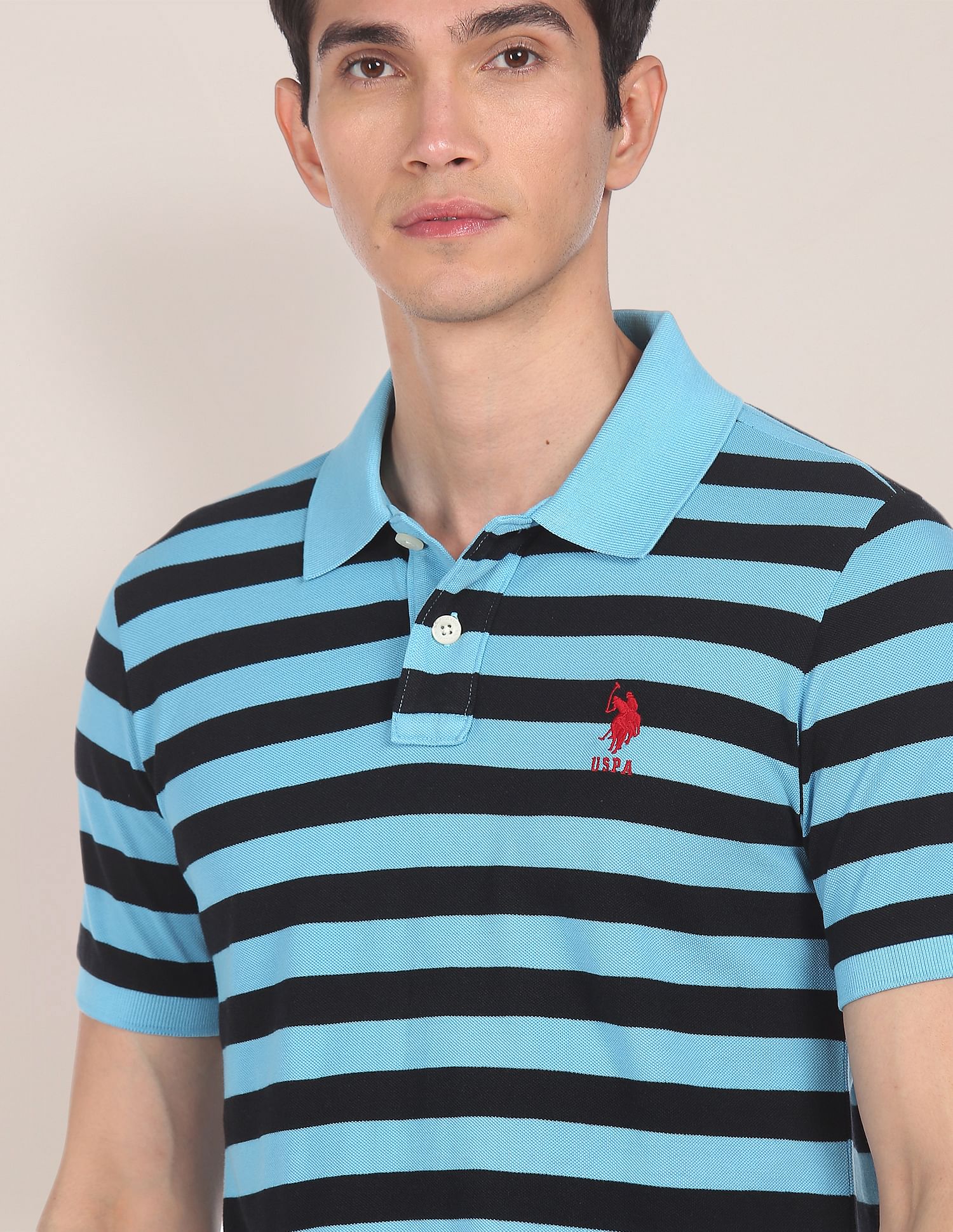 Ribbed Collar Striped Polo Shirt Blue - U.S. Polo Assn. India | Large