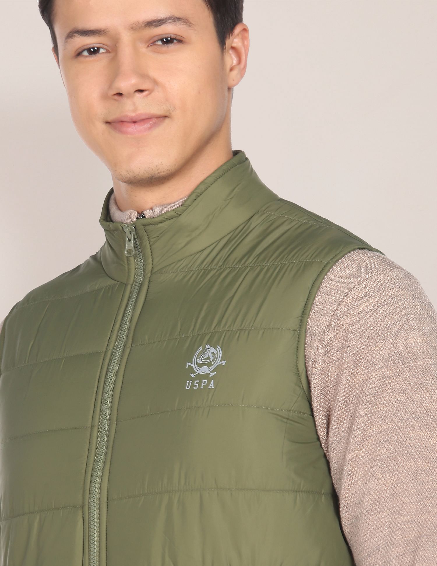 High Neck Sleeveless Solid Padded Jacket Olive - U.S. POLO ASSN. | Large