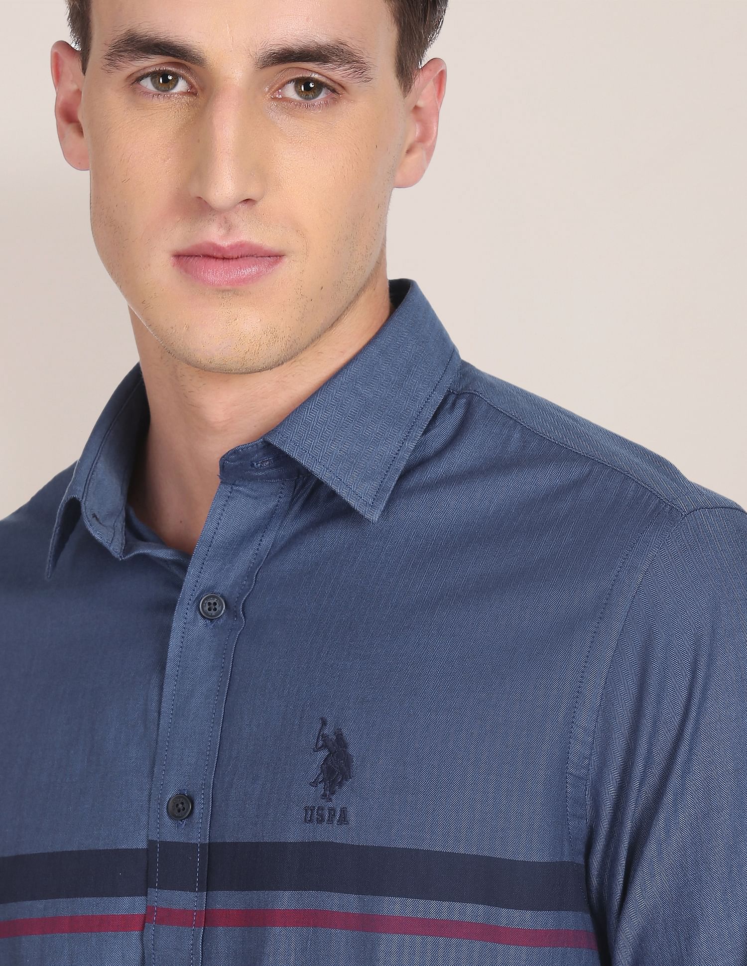 Spread Collar Cotton Striped Casual Shirt Blue - U.S. Polo Assn. India | Large