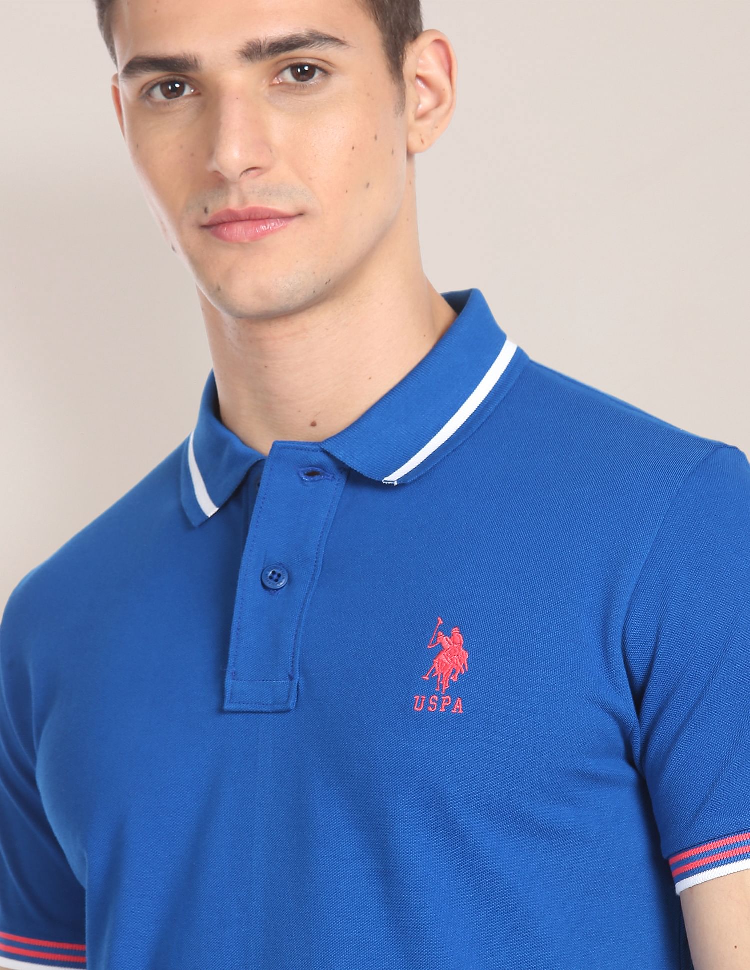 Striped Collar Pique Polo Shirt Blue - U.S. POLO ASSN. | Large