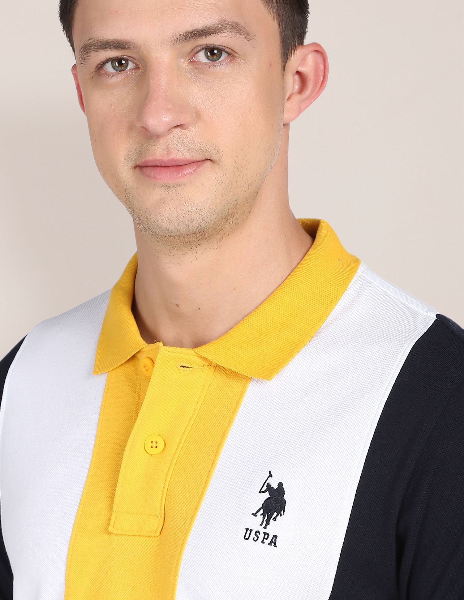 Men Yellow And White Colour Block Cotton Polo Shirt Yellow and White - U.S. Polo Assn. India | Large