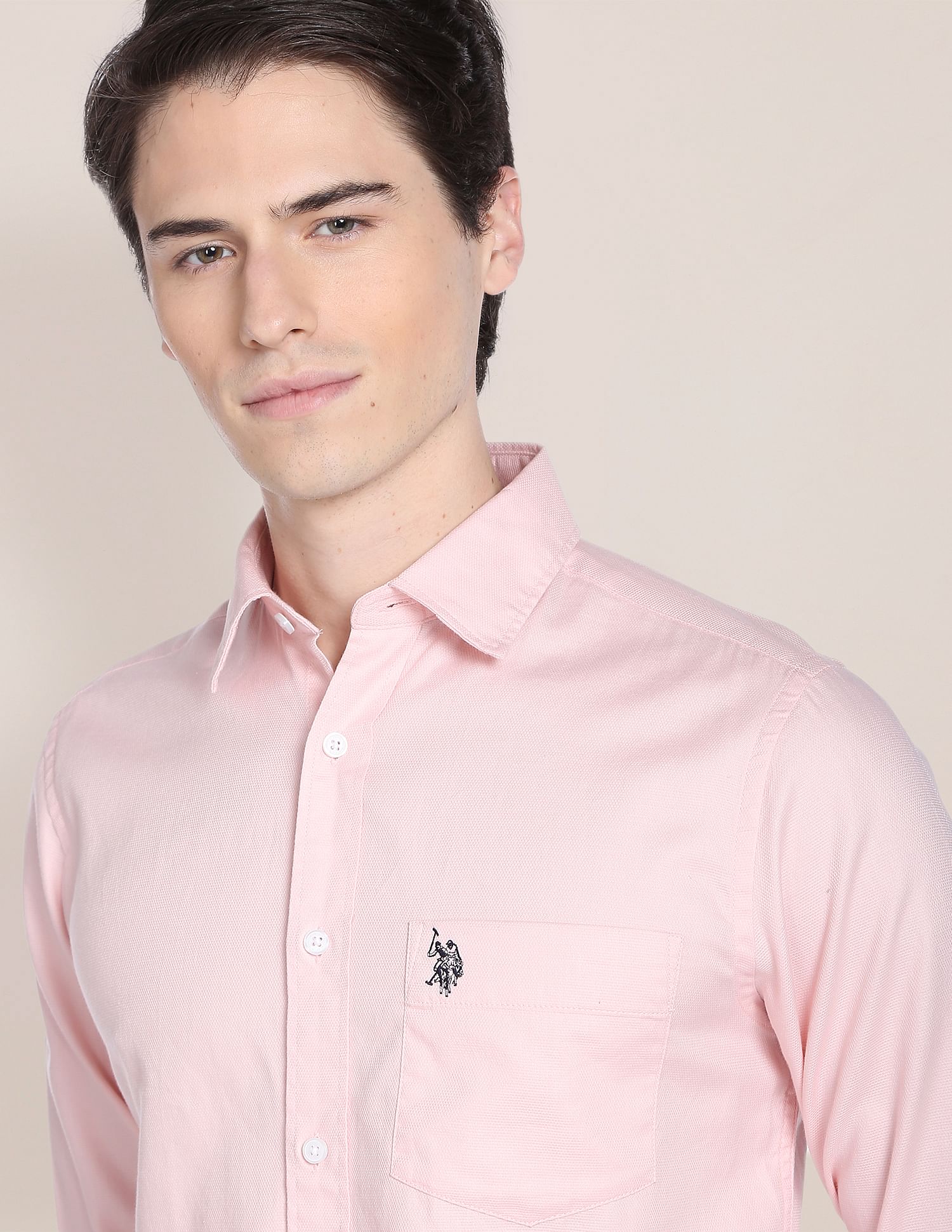 Birdseye Dobby Textured Solid Shirt Light Pink - U.S. Polo Assn. India | Large