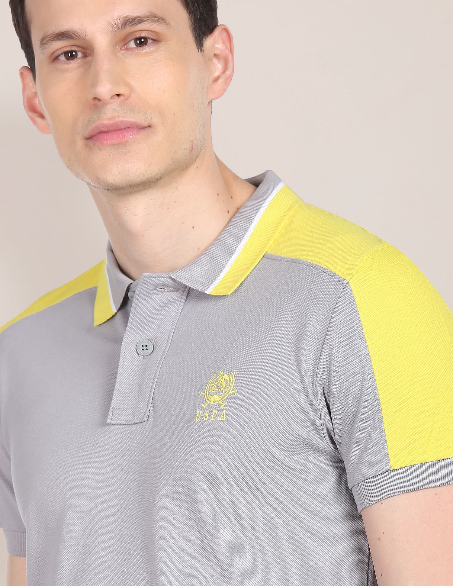 Colour Block Cotton Polo Shirt Grey and Yellow - U.S. Polo Assn. India | Large