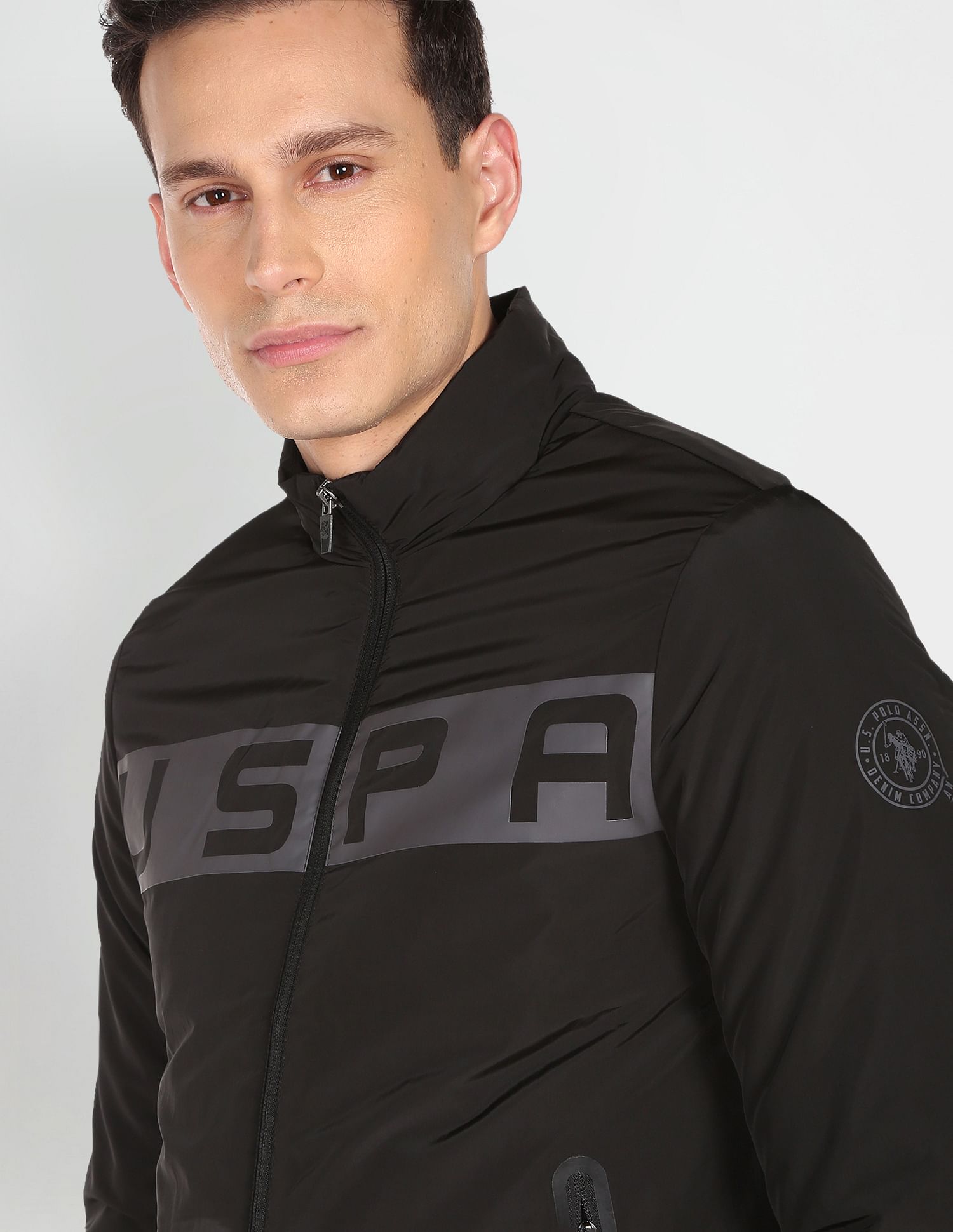 High Neck Brand Print Polyester Casual Jacket Black - U.S. Polo Assn. India | Large
