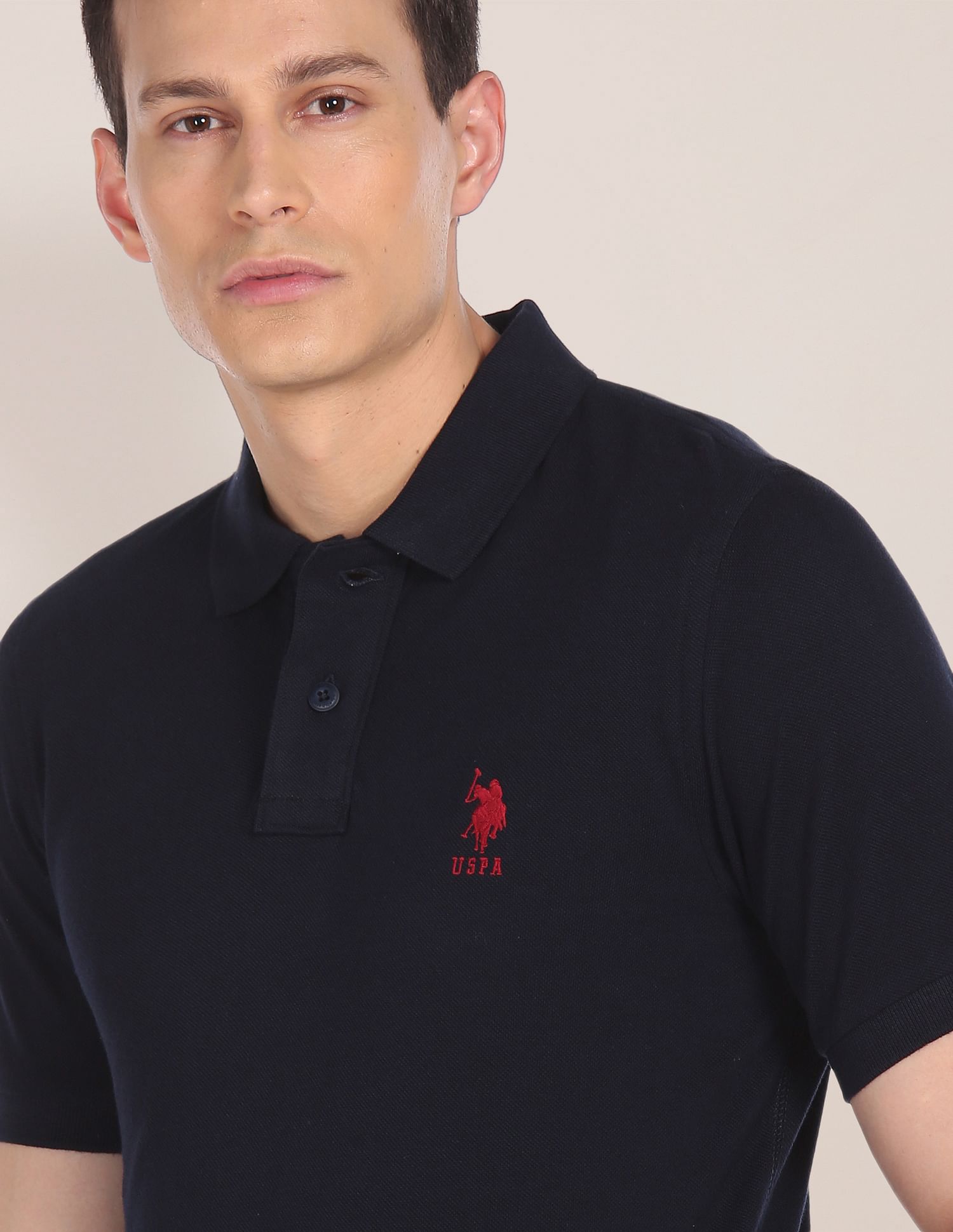 Ribbed Collar Solid Polo Shirt Dark Blue - U.S. POLO ASSN. | Large