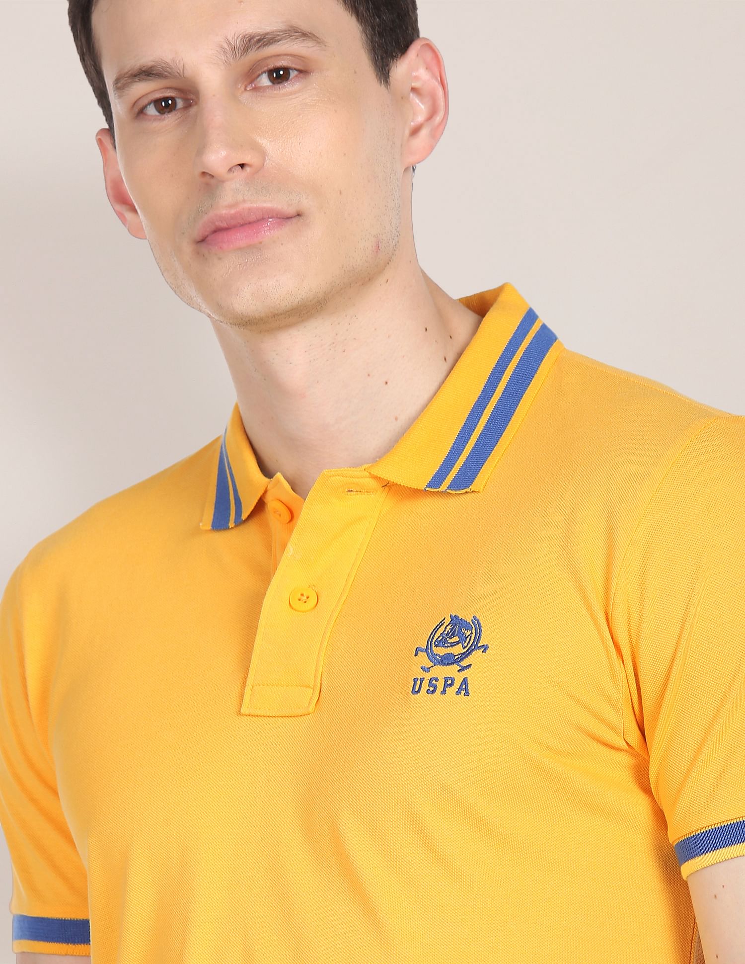 Striped Collar Cotton Pique Polo Shirt Yellow - U.S. POLO ASSN. | Large