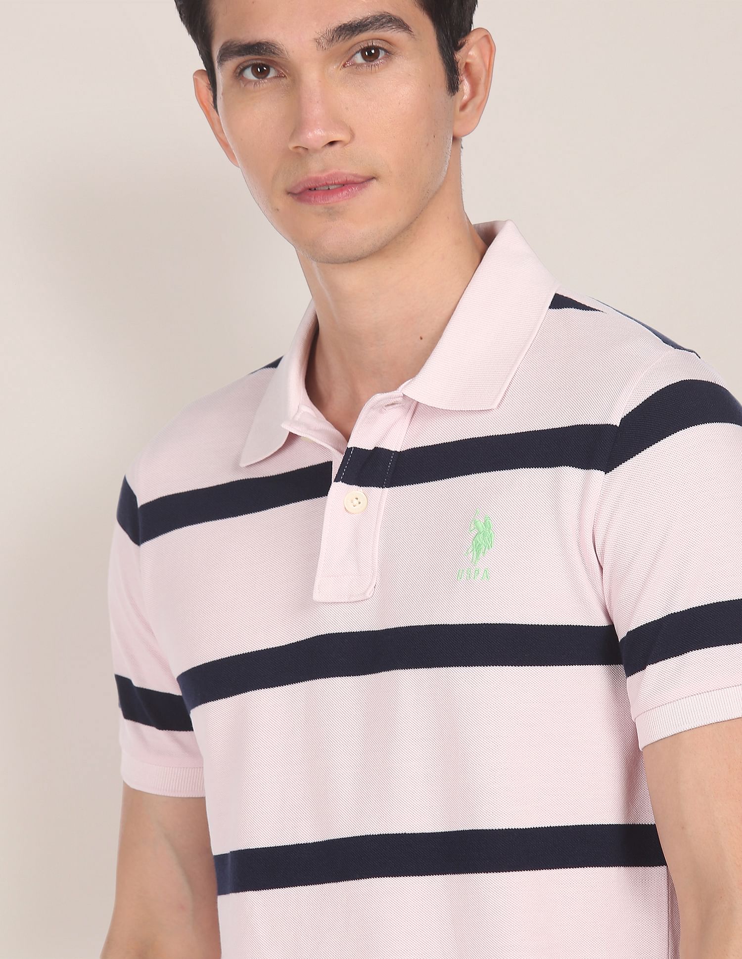 Ribbed Collar Striped Polo Shirt Light Pink - U.S. Polo Assn. India | Large
