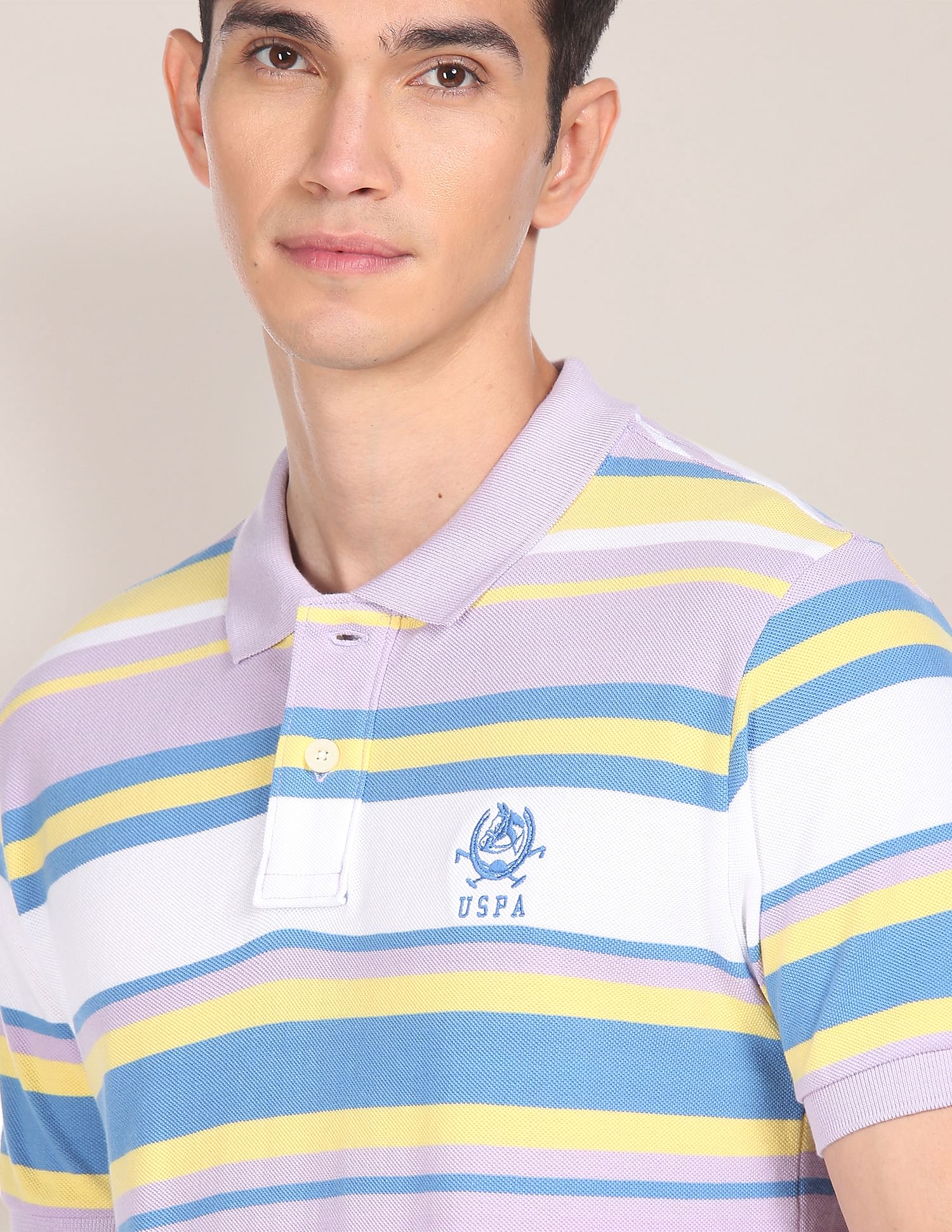 Men Light Purple Cotton Striped Logo Polo Shirt Light Purple - U.S. POLO ASSN. | Large