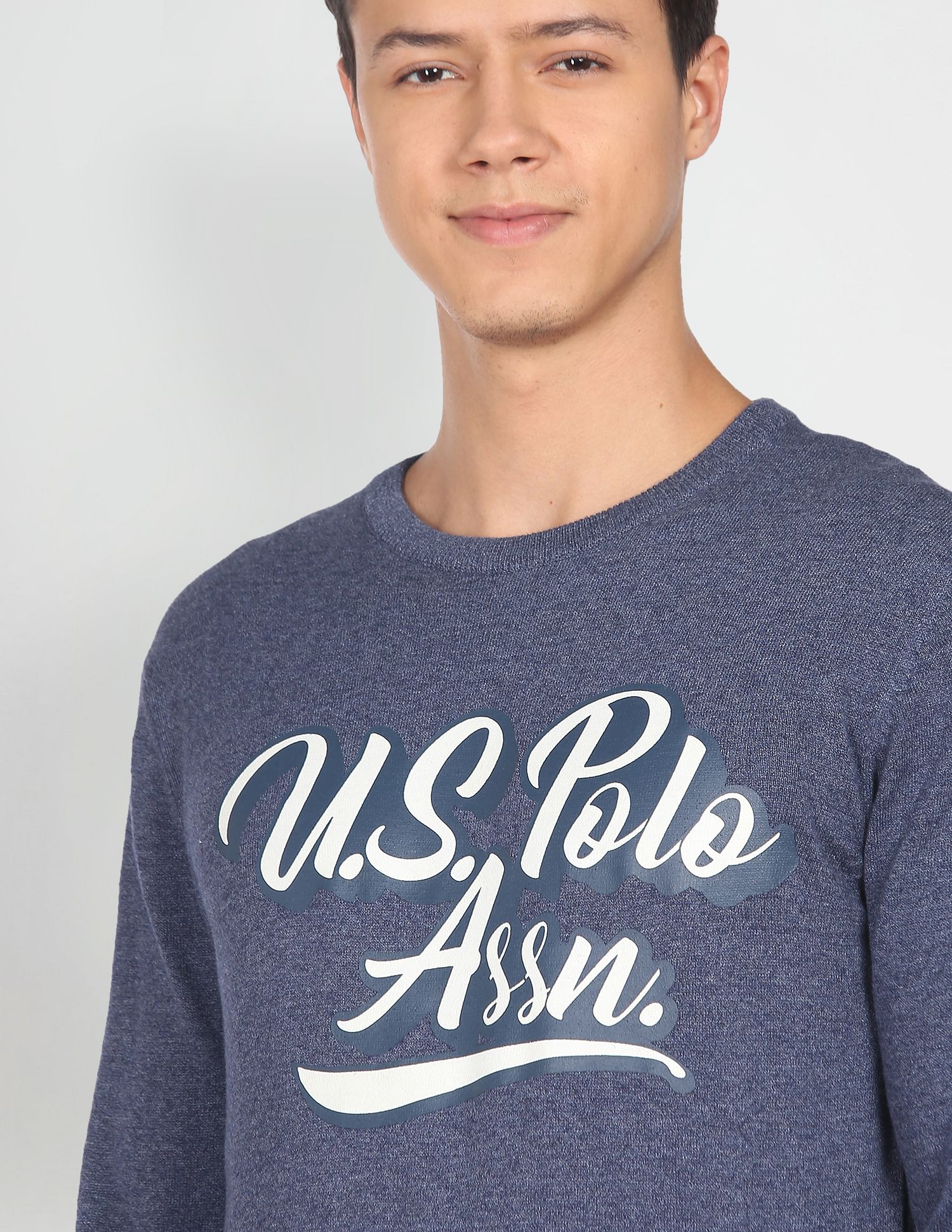 Men Blue Crew Neck Brand Print Heathered Sweater Blue - U.S. POLO ASSN. | Large