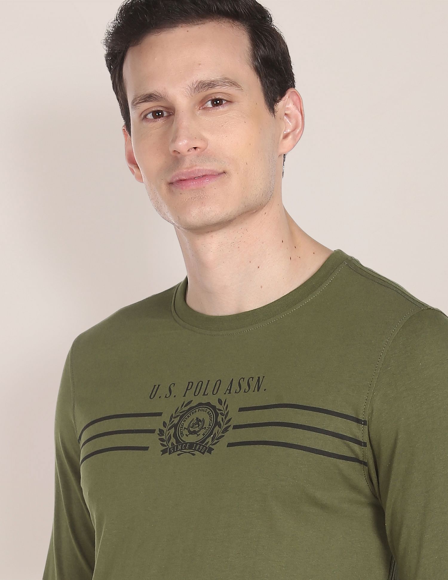 Long Sleeve Brand Print Cotton T-Shirt Olive - U.S. Polo Assn. India | Large