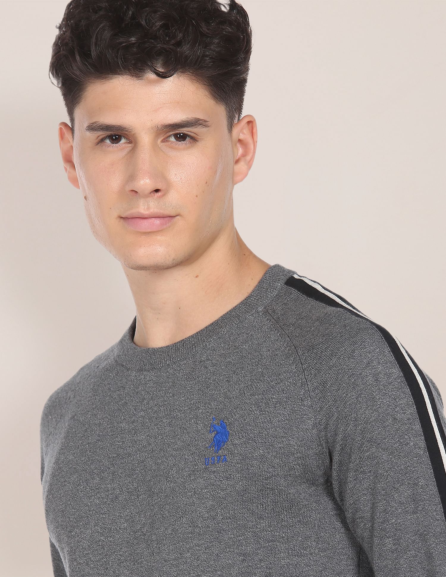 Striped Sleeve Heathered Sweater Grey - U.S. Polo Assn. India | Large