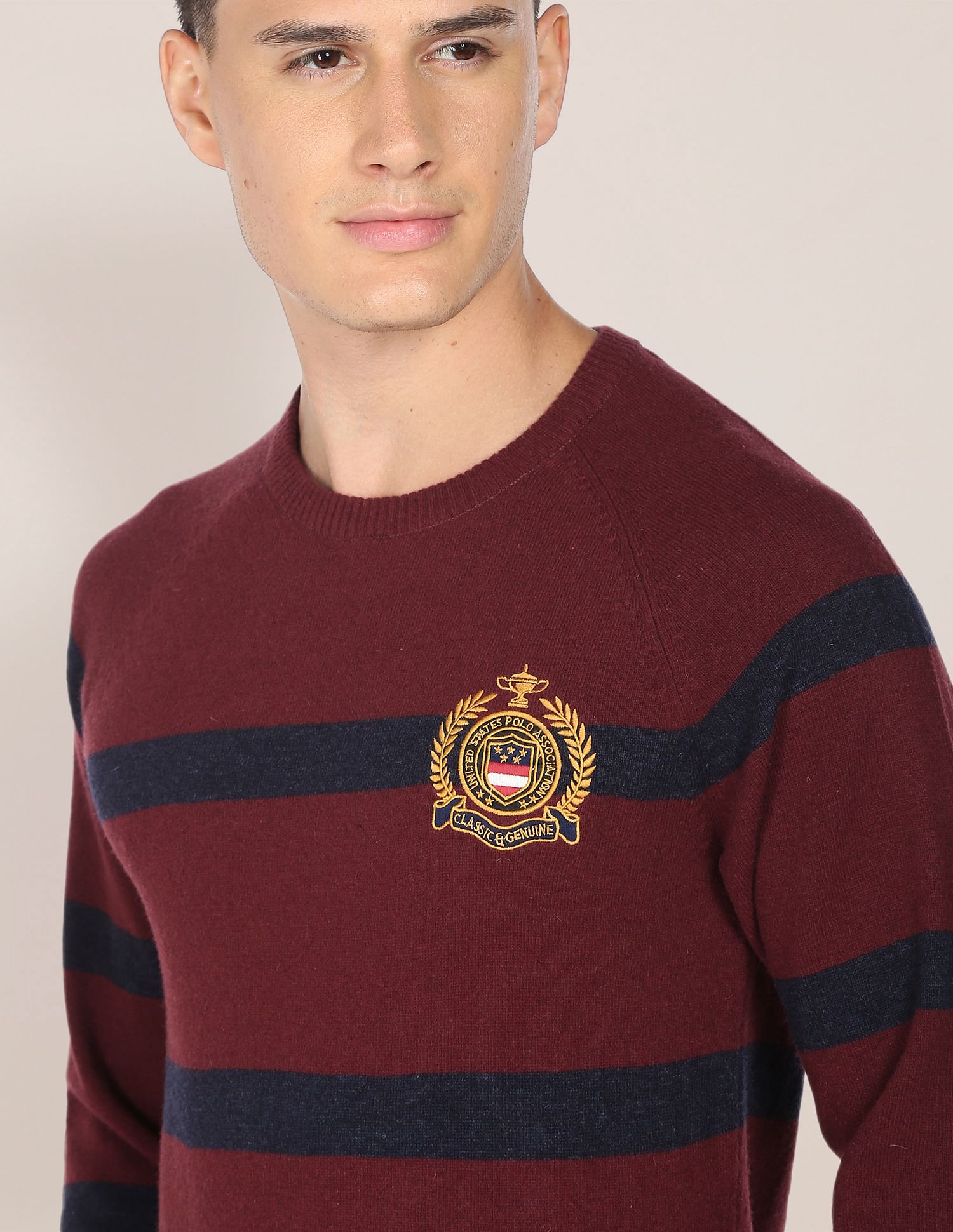 Crew Neck Horizontal Stripe Sweater Maroon - U.S. Polo Assn. India | Large