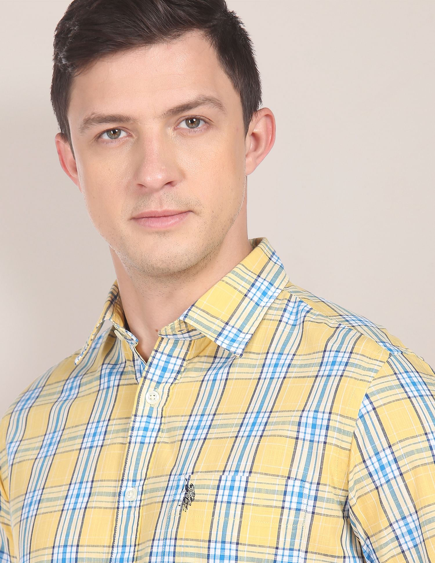 Men Yellow Tartan Check Cotton Casual Shirt Yellow - U.S. POLO ASSN. | Large