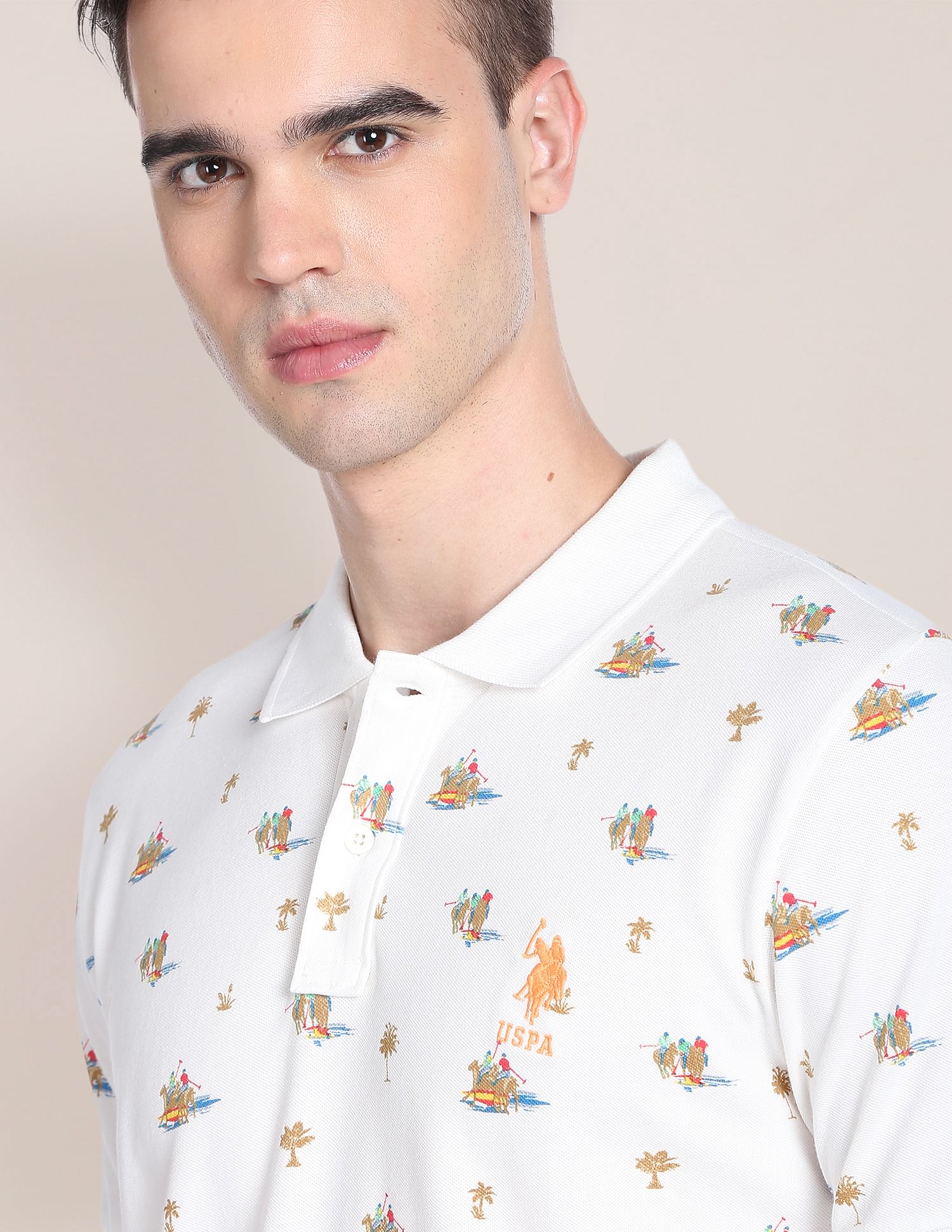 Motif Print Knit Polo Shirt Off White - U.S. Polo Assn. India | Large